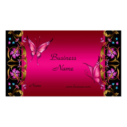 Elegant Floral Gold Pink  Black Butterfly Business Card Template (front side)