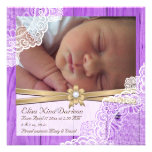 Elegant floral lace lavender wood photo baby birth custom invites