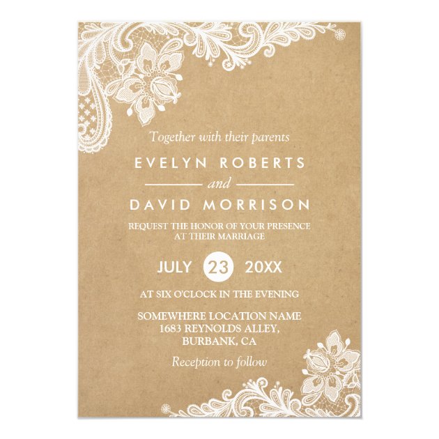 Elegant Floral Lace Pattern Kraft | Formal Wedding Card (front side)