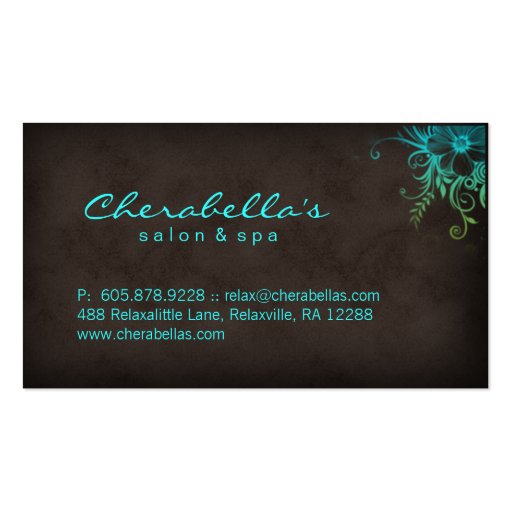 Elegant Floral Salon Spa Stylish Blue Green Brown Business Card Template (back side)