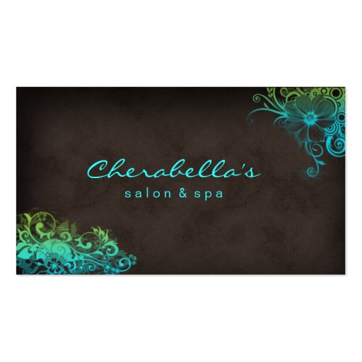 Elegant Floral Salon Spa Stylish Blue Green Brown Business Card Template (front side)