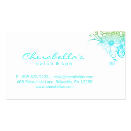 Elegant Floral Salon Spa Stylish Blue Green White Business Card (back side)