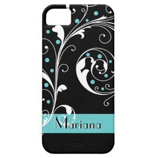 Elegant floral scroll leaf black, aqua flourish iPhone 5 cases