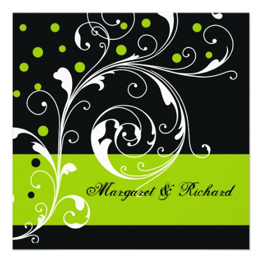Elegant floral scroll leaf black, green wedding personalized invites