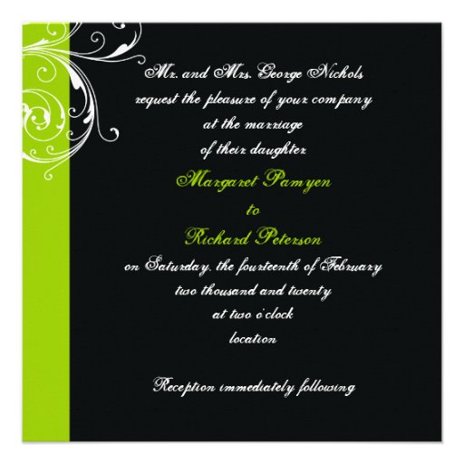 Elegant floral scroll leaf black, green wedding personalized invites