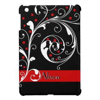 Elegant floral scroll leaf black, red flourish iPad mini case