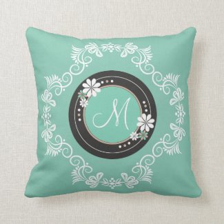 Elegant Floral Swirl Pattern Monogram Pillow|Mint