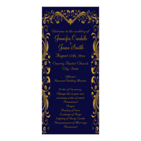 Elegant Flourish Blue Gold Wedding Programs Rack Card Design
