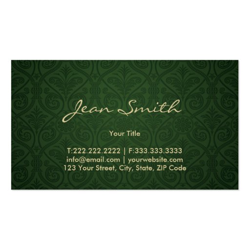 Elegant Forest Green Damask Business Card (back side)