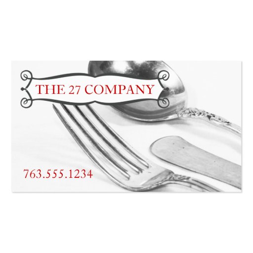 Elegant fork knife spoon silverware chef catering business card (front side)