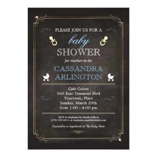 Elegant Frame Chalkboard Blue Baby Shower Custom Invitation