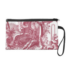 Elegant French Country Antique Red Toile de Jouy Wristlet Clutch