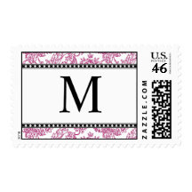 Elegant Fuchsia and Black Monogram Postage Stamps