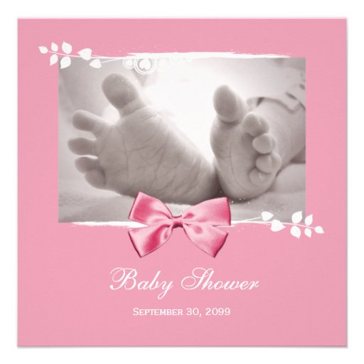 Elegant Girl Baby Shower Baby Feet With Pink Bow Personalized Invites