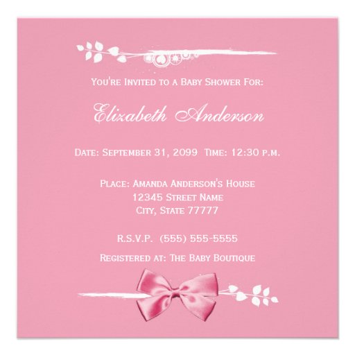 Elegant Girl Baby Shower Baby Feet With Pink Bow Personalized Invites