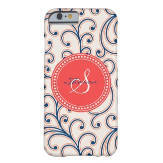 Elegant girly red blue floral pattern monogram barely there iPhone 6 case