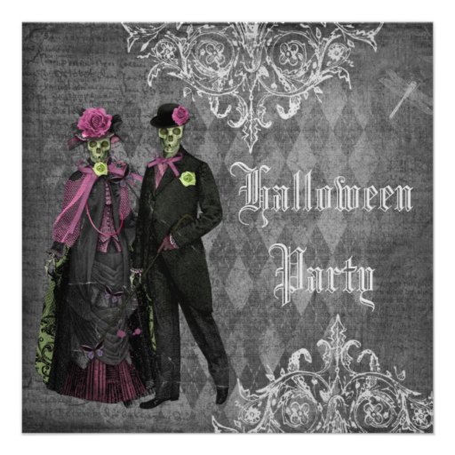Elegant Glamorous Skeletons Halloween Party Custom Announcement (front side)