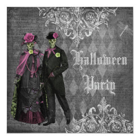 Elegant Glamorous Skeletons Halloween Party 5.25x5.25 Square Paper Invitation Card