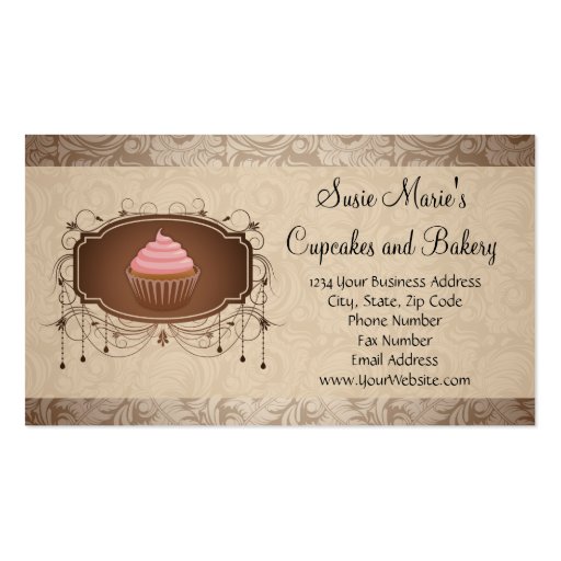 Elegant Glamour Mocha Damask Cupcake Business Card (front side)