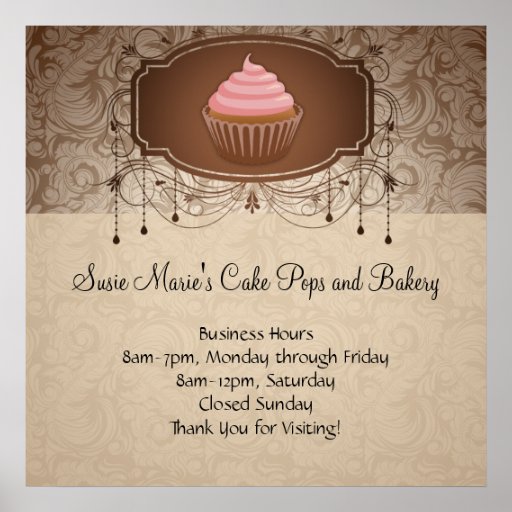 Elegant Glamour Mocha Damask Cupcake Design Sign Poster