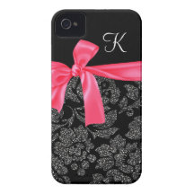 Elegant Glitter Black Damask Girly Hot Pink Bow iPhone 4 Cover