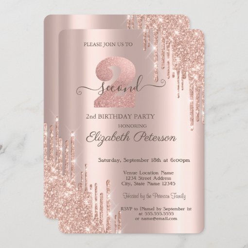 Elegant Glitter Drips Rose Gold Nd Birthday Invitation Zazzle