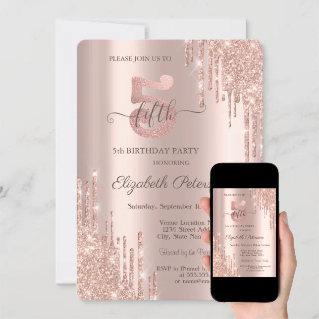 Elegant Glitter Drips Rose Gold 5th Birthday Invitation Zazzle