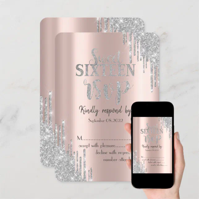 Elegant Glitter Drips Rose Gold Sweet 16 RSVP Invitation Zazzle