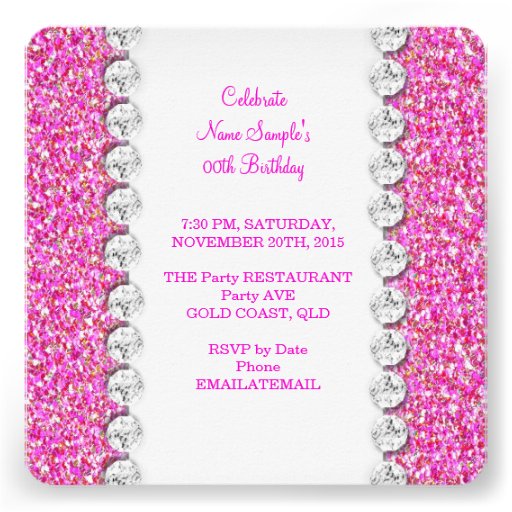 Elegant Glitter Hot Pink Heart Bow Birthday Party Custom Invitations