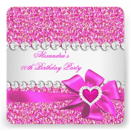 Elegant Glitter Hot Pink Heart Bow Birthday Party Custom Invitations