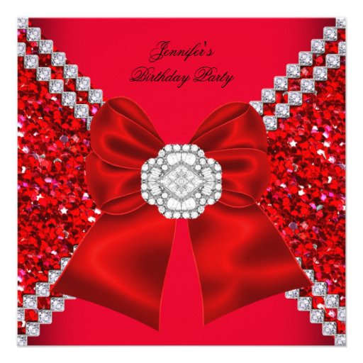Elegant Glitter Red Diamonds Birthday Party Custom Invites