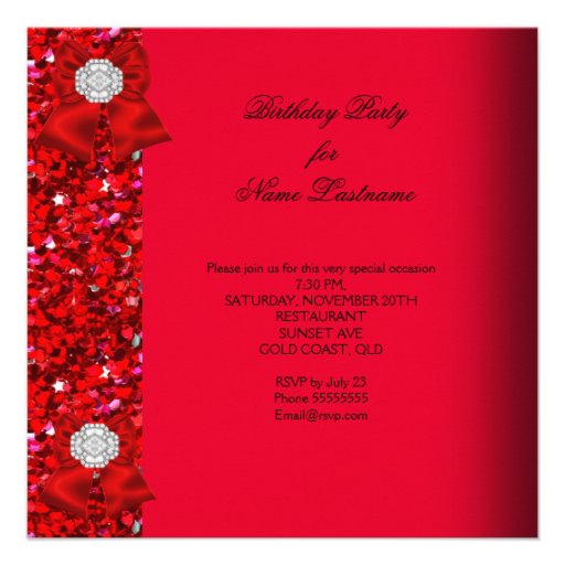 Elegant Glitter Red Diamonds Birthday Party Custom Invites
