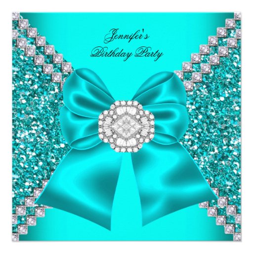 Elegant Glitter Teal Blue Diamonds Birthday Party Announcements (front side)