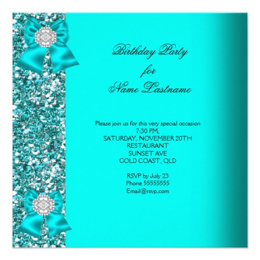 Elegant Glitter Teal Blue Diamonds Birthday Party Announcements
