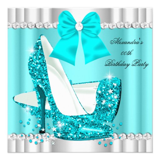 Elegant Glitter Teal Blue Glamour High Heel Silver Invites