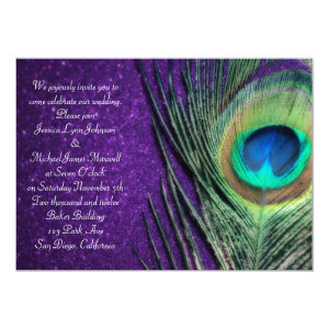 Elegant Glittery Purple Peacock Wedding 5x7 Paper Invitation Card
