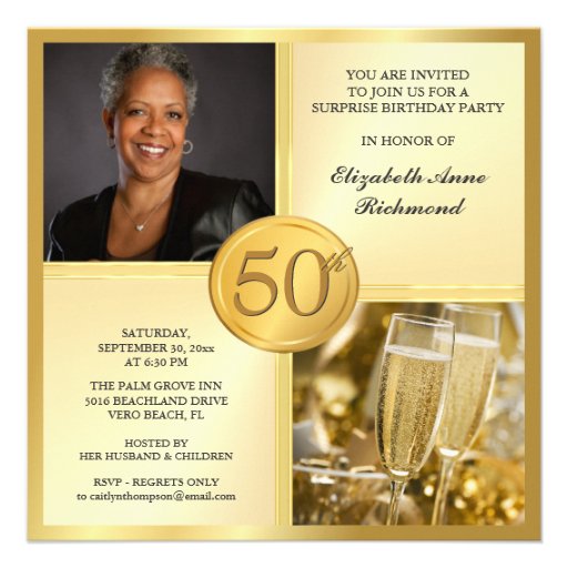 Elegant Gold 50th Birthday Party Photo Invitations (front side)