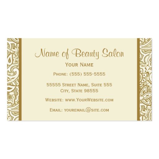 Elegant Gold and Ivory Paisley Hair Salon Business Cards (back side)