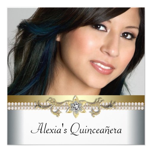 Elegant Gold and White Photo Quinceanera Personalized Invitation (front side)