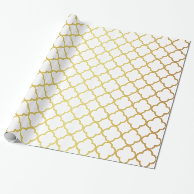 Elegant Gold and White Quatrefoil Geometric Wrapping Paper 1/4