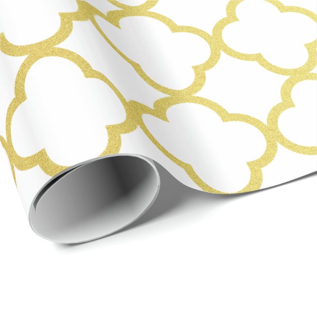 Elegant Gold and White Quatrefoil Geometric Wrapping Paper 3/4