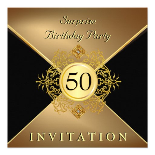 Elegant Gold Black 50th Birthday Surprise Party In Personalized Invite (front side)