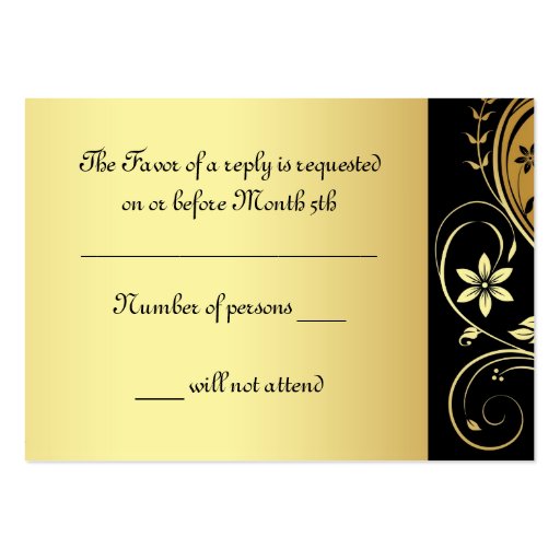 Elegant Gold & Black Floral Scroll  RSVP Card Business Card (back side)