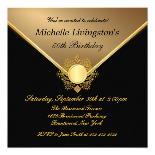 Elegant Gold Black Ladies 50th Birthday Invitation