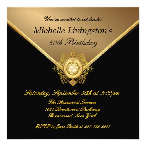 Elegant Gold Black Rhinestone Birthday Invitations