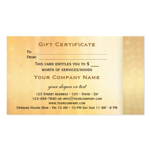 Elegant Gold Bokeh Gift Certificate Template Business Card (back side)