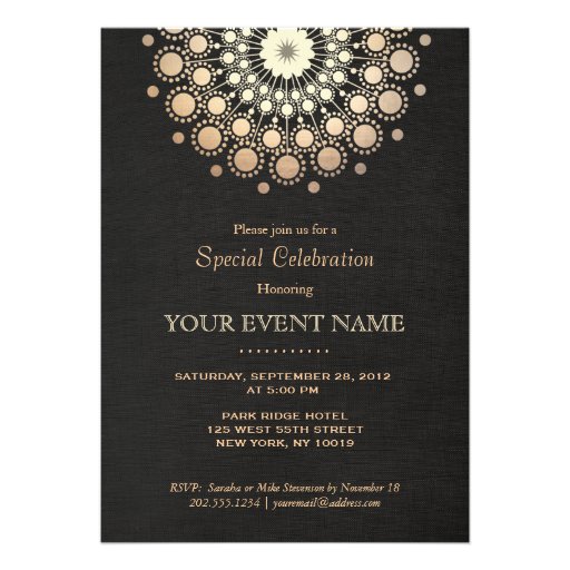 Elegant Gold Circle Motif Black Linen Look Formal Personalized Invitations (front side)