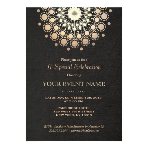 Elegant Gold Circle Motif Black Linen Look Formal Announcements (front side)