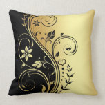 Elegant Gold Floral Scroll Black Pillow