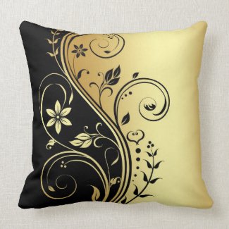 Elegant Gold Floral Scroll Black Pillow